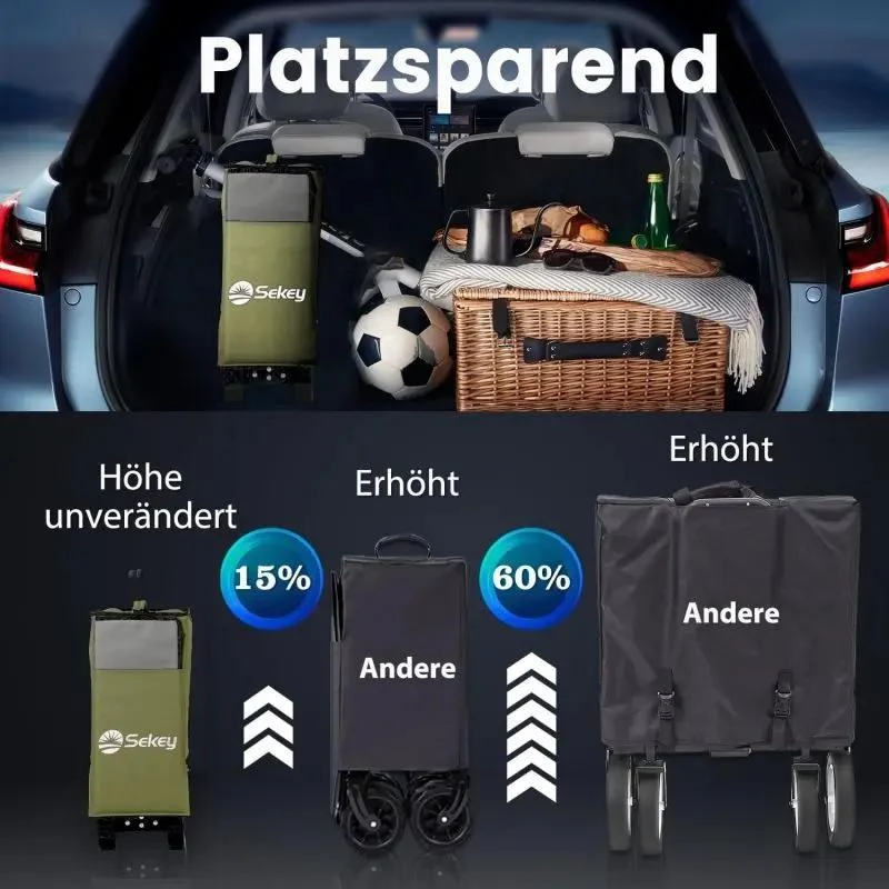 Sekey 200L / 150KG Faltbarer Bollerwagen, Patentiert Zusammenfaltbar aus Vier Richtungen, mit Bremsen