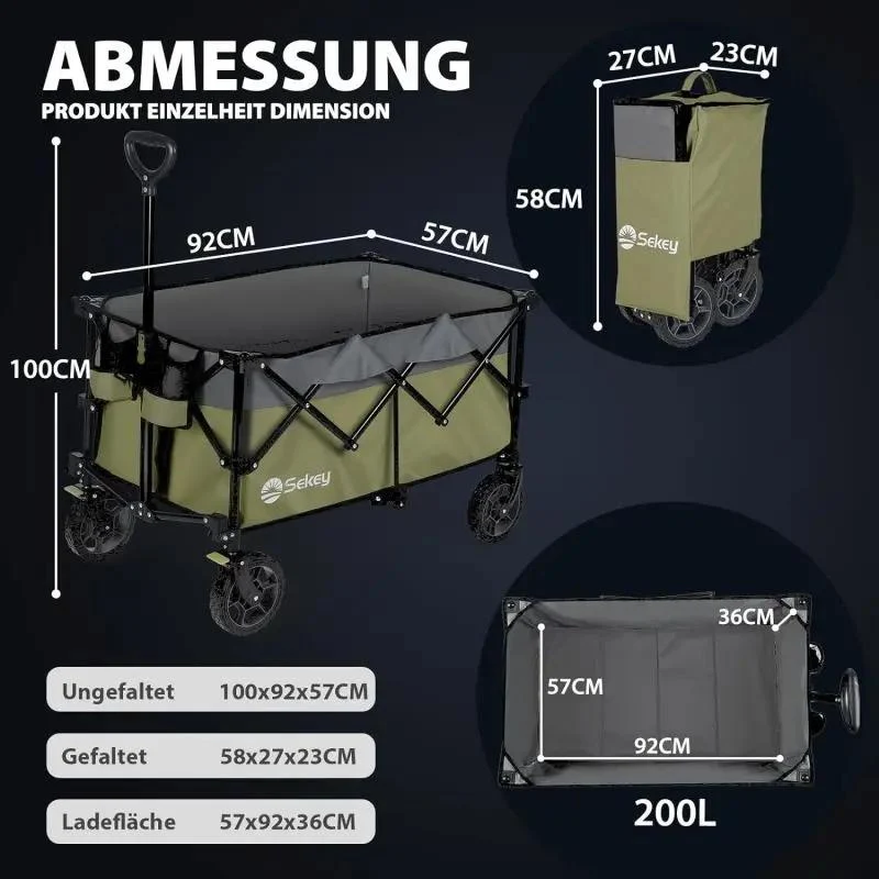 Sekey 200L / 150KG Faltbarer Bollerwagen, Patentiert Zusammenfaltbar aus Vier Richtungen, mit Bremsen