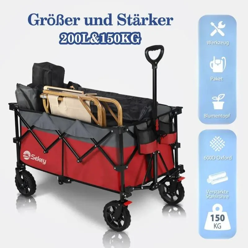 Sekey 200L / 150KG Faltbarer Bollerwagen, Patentiert Zusammenfaltbar aus Vier Richtungen, mit Bremsen