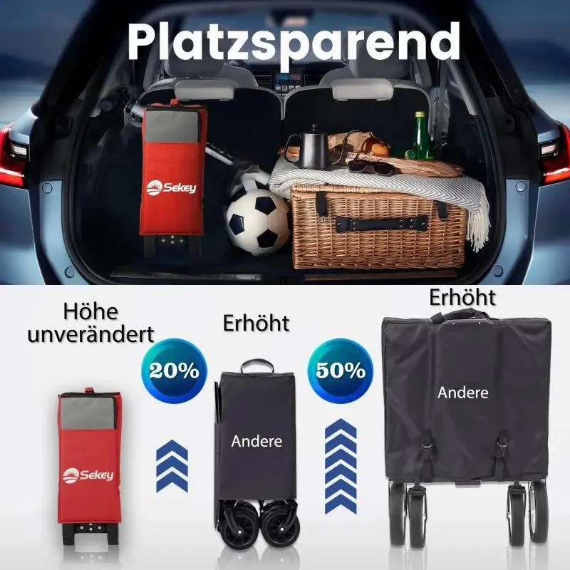 Sekey 200L / 150KG Faltbarer Bollerwagen, Patentiert Zusammenfaltbar aus Vier Richtungen, mit Bremsen