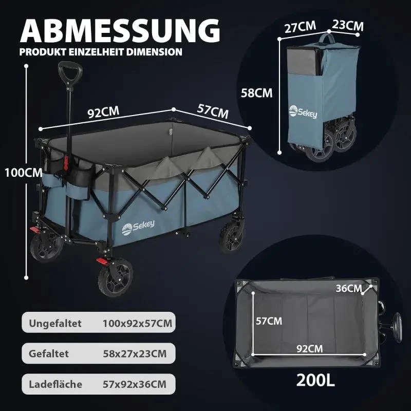 Sekey 200L / 150KG Faltbarer Bollerwagen, Patentiert Zusammenfaltbar aus Vier Richtungen, mit Bremsen