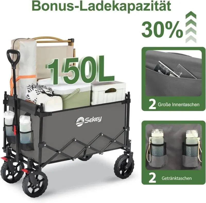 Sekey 150L / 150KG Faltbarer Bollerwagen mit Dach, Bremsen