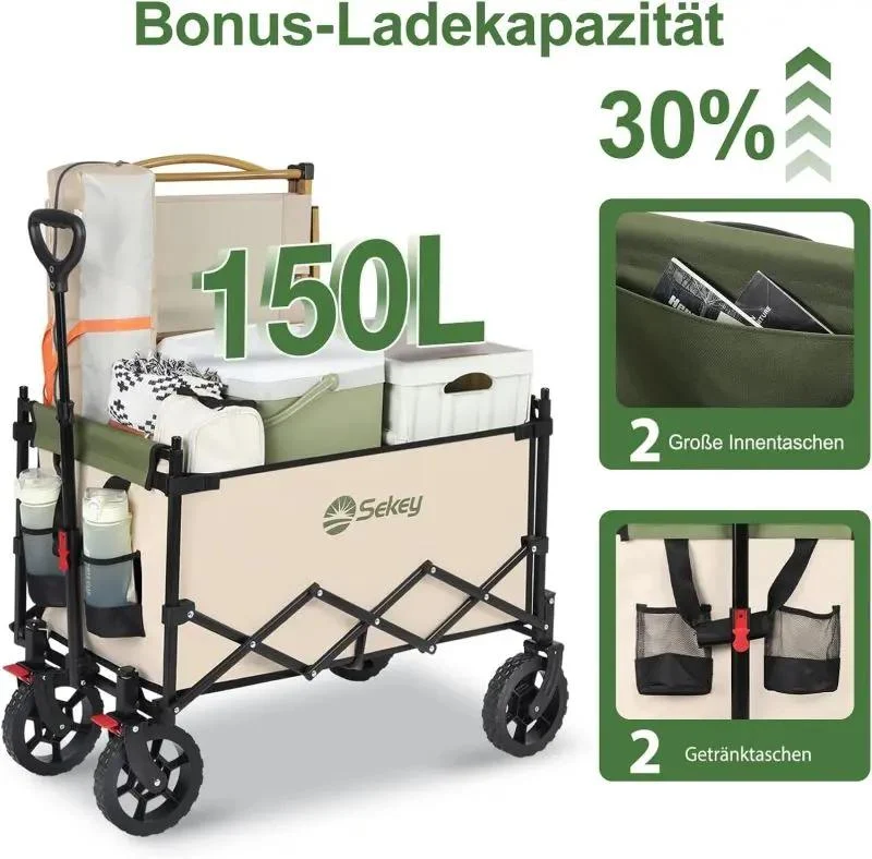 Sekey 150L / 150KG Faltbarer Bollerwagen mit Dach, Bremsen