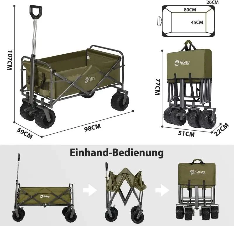 Sekey 94L / 200KG Faltbarer Bollerwagen, mit Bremsen und Extra Breiten Rädern