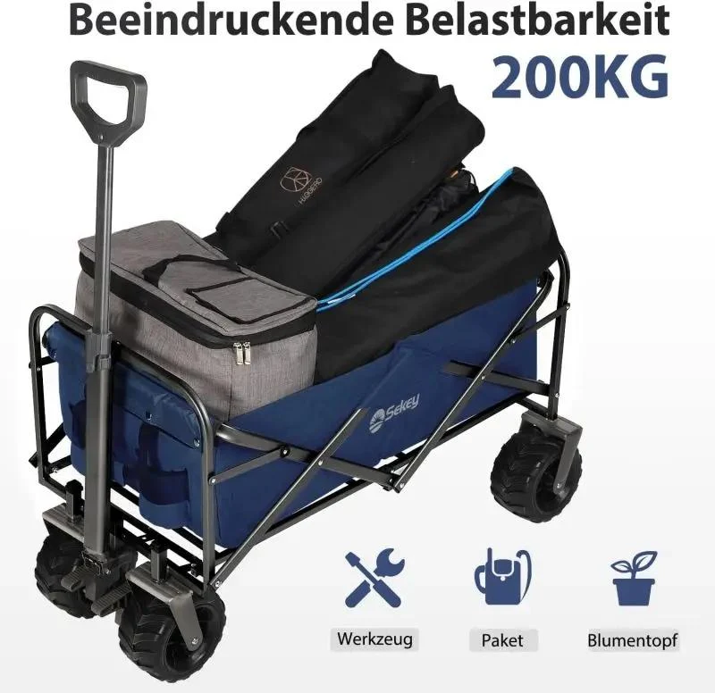 Sekey 94L / 200KG Faltbarer Bollerwagen, mit Bremsen und Extra Breiten Rädern