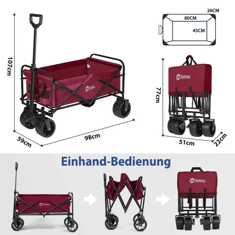 Sekey 94L / 200KG Faltbarer Bollerwagen, mit Bremsen und Extra Breiten Rädern