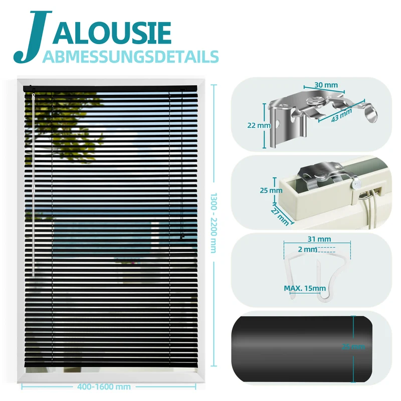 Sekey Aluminium-Jalousie ohne Bohren, 25mm Alu-Lamellen, Schwarz