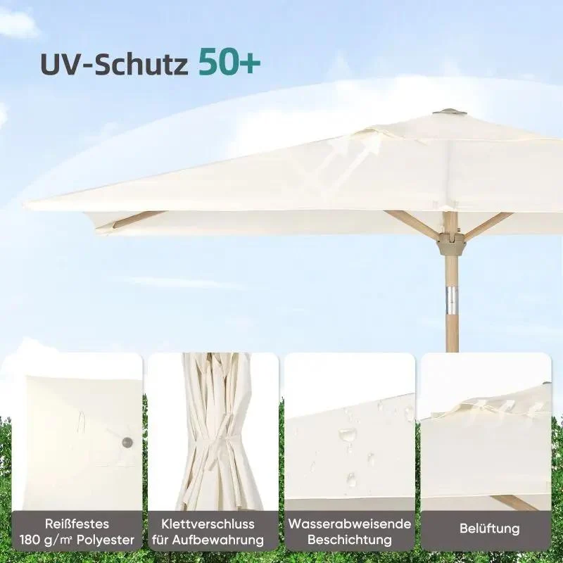 Sekey 210 x 140 cm Alu Sonnenschirm mit Kurbel, Sonnenschutz UV50+, aus Holz-Metall
