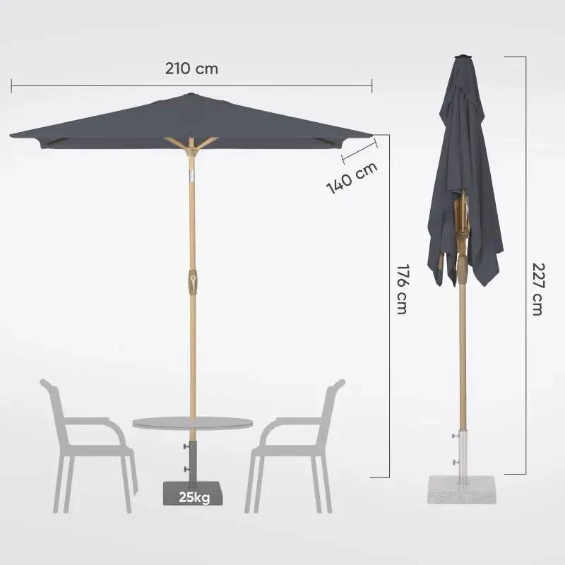 Sekey 210 x 140 cm Alu Sonnenschirm mit Kurbel, Sonnenschutz UV50+, aus Holz-Metall