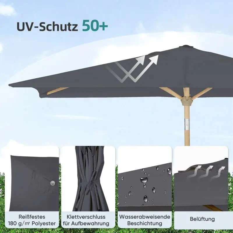 Sekey 210 x 140 cm Alu Sonnenschirm mit Kurbel, Sonnenschutz UV50+, aus Holz-Metall