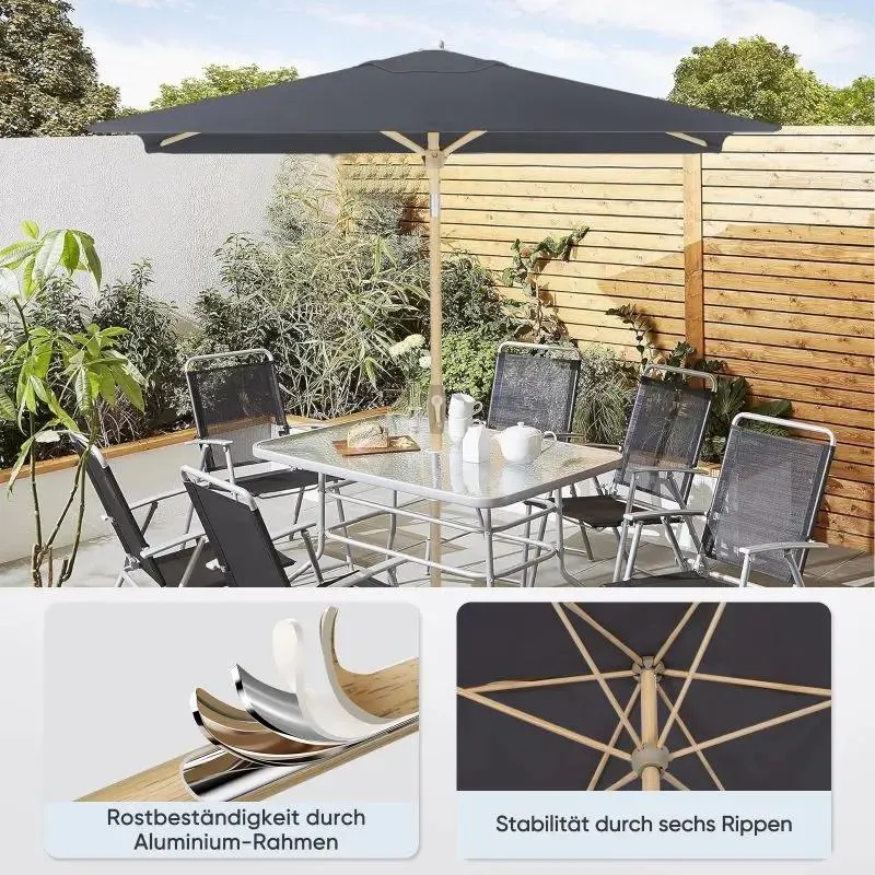 Sekey 210 x 140 cm Alu Sonnenschirm mit Kurbel, Sonnenschutz UV50+, aus Holz-Metall