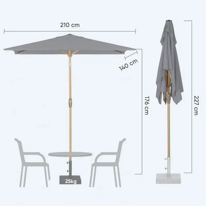 Sekey 210 x 140 cm Alu Sonnenschirm mit Kurbel, Sonnenschutz UV50+, aus Holz-Metall