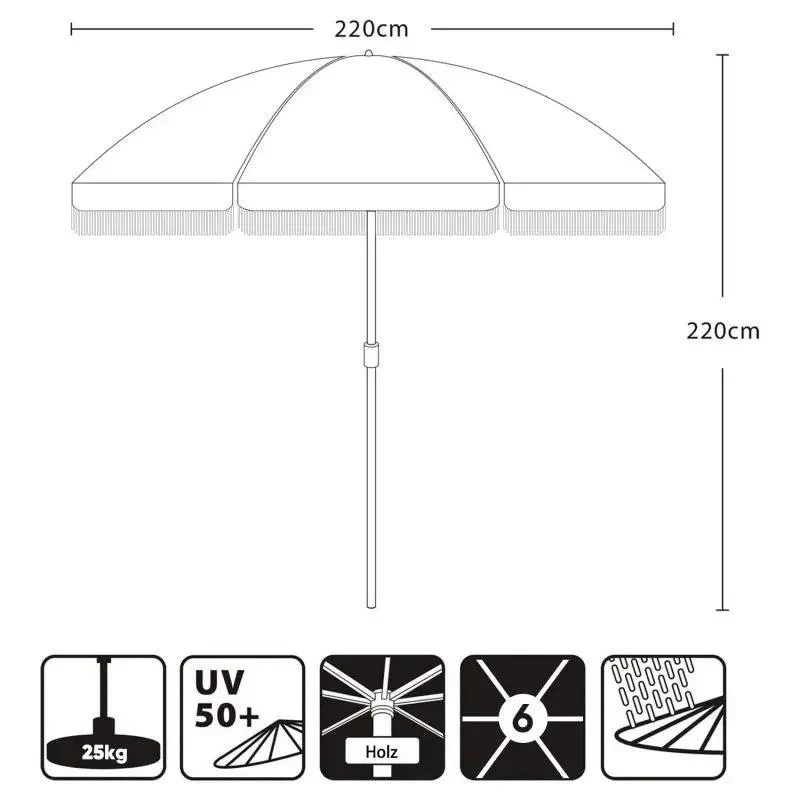 Sekey 220 cm Holz Sonnenschirm mit Fransen, Sonnenschutz UV50+