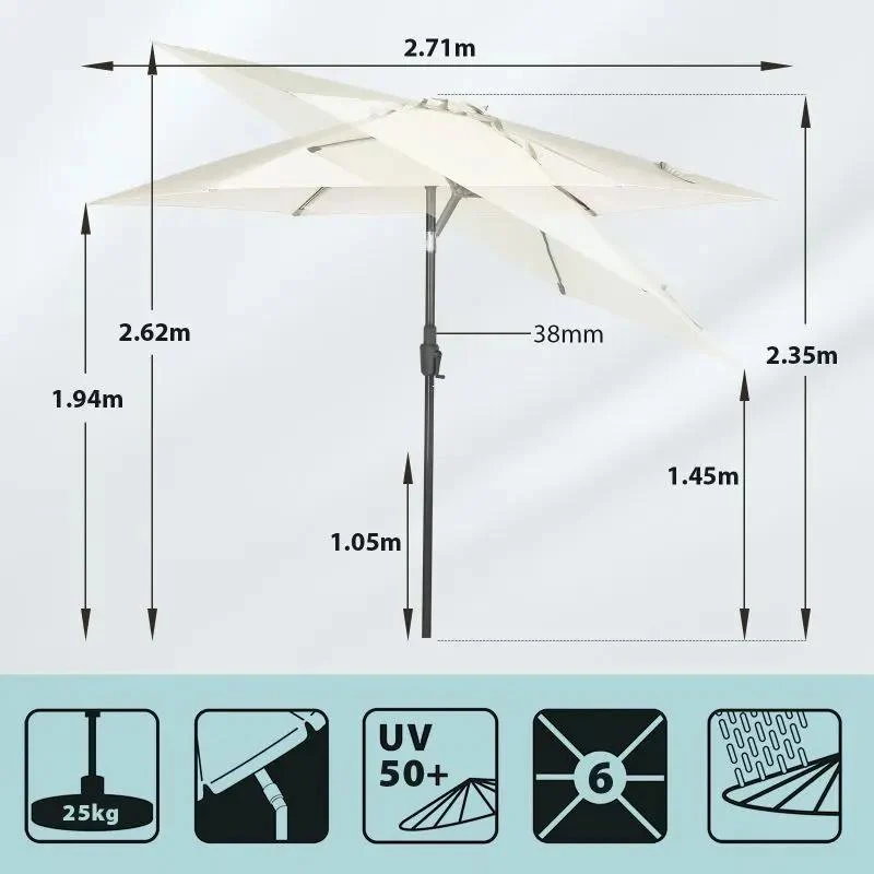 Sekey 270cm Sonnenschirm mit Kurbel, Knickbar im Sitzen, Sonnenschutz UV50+
