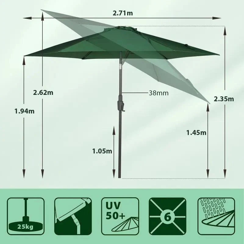 Sekey 270cm Sonnenschirm mit Kurbel, Knickbar im Sitzen, Sonnenschutz UV50+