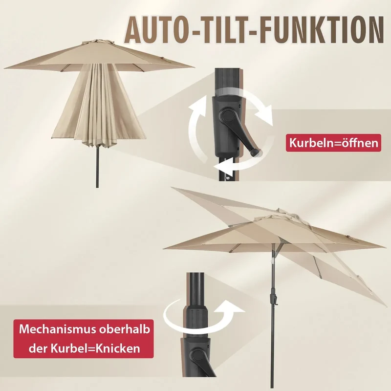 Sekey 270cm Sonnenschirm mit Kurbel, Knickbar im Sitzen, Sonnenschutz UV50+