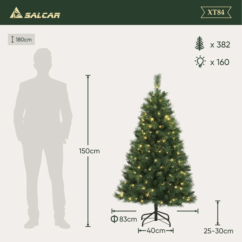 Salcar 120/150/180/210/240cm Künstlicher Weihnachtsbaum mit LED, mit 226/382/580/868/1168 Spitzen und 250/380/450 LEDs