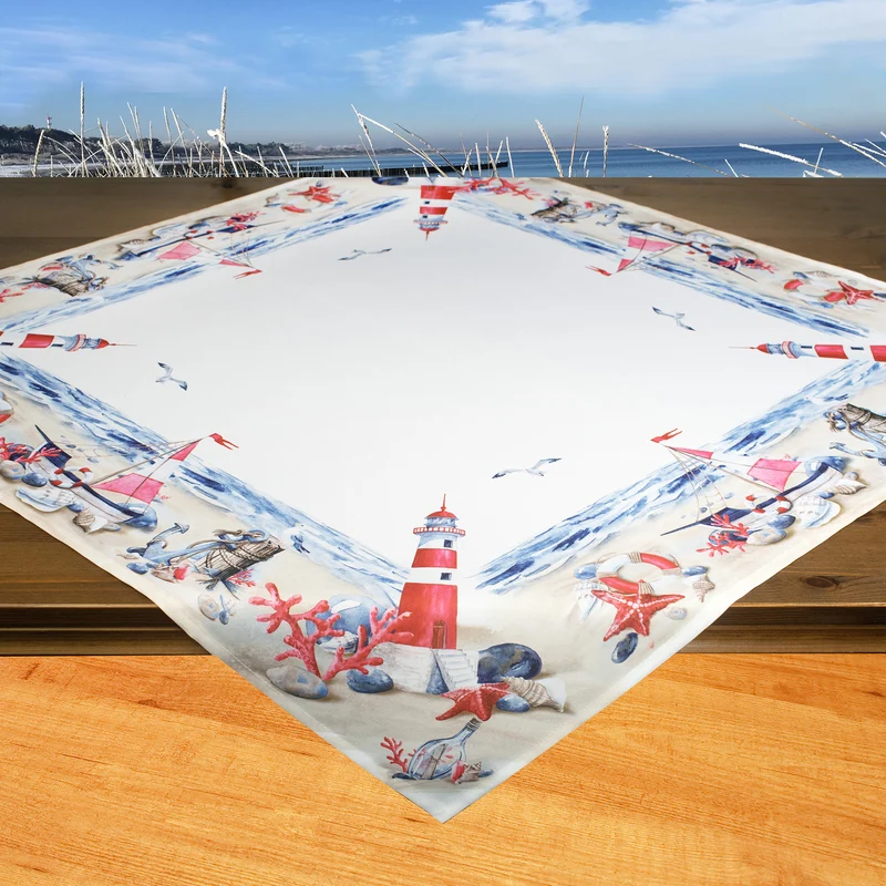 Fischer Fensterbilder Tischdecke"Maritim mit Strand und Leuchtturm " 85x85 cm