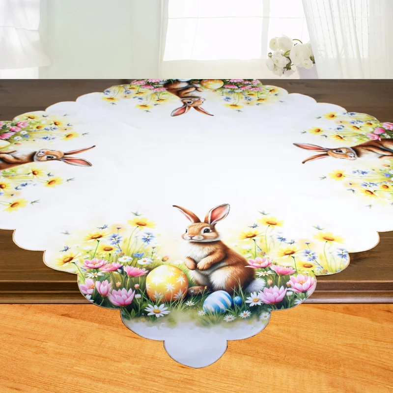 Fischer Fensterbilder Tischdecke "Osterhase auf einer Blumenwiese ",85 x 85 cm