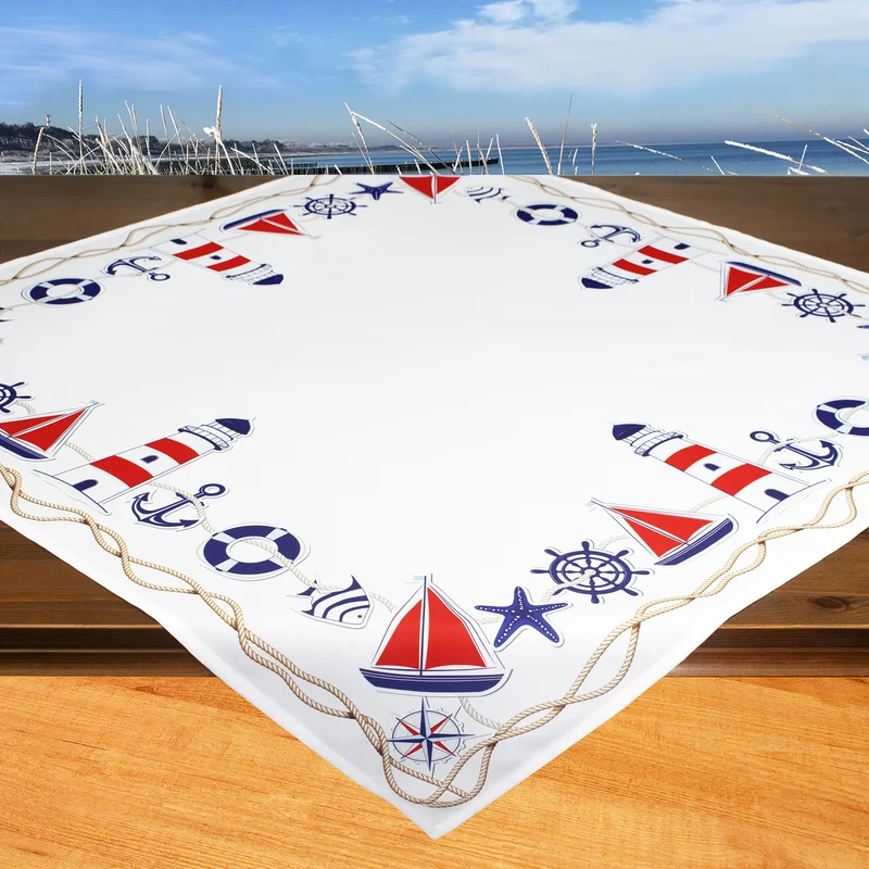 Fischer Fensterbilder Tischdecke mit Digitaldruck "Maritim mit Segelboot" 85x85cm