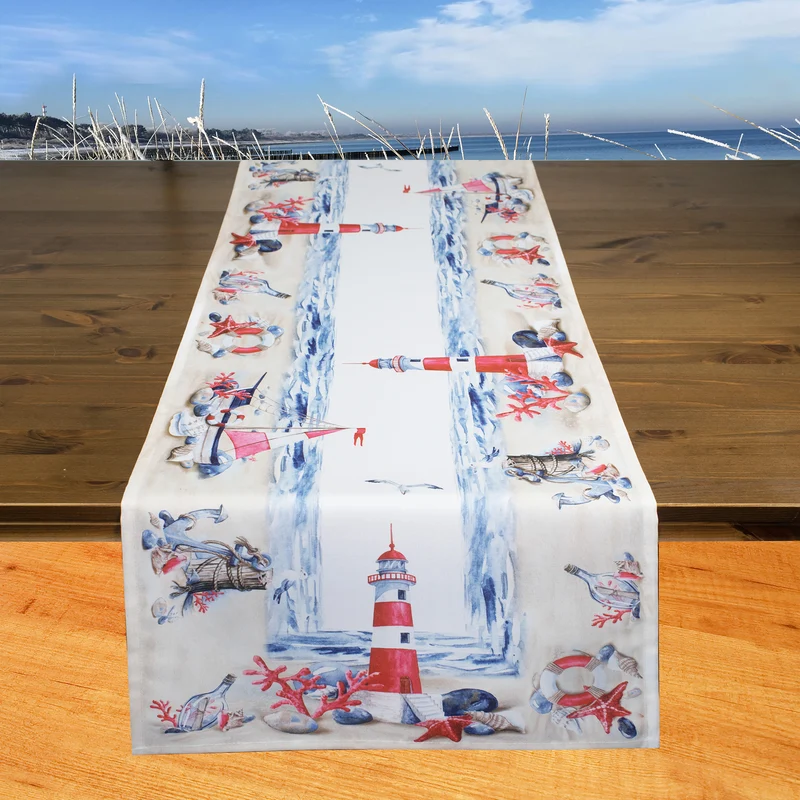Fischer Fensterbilder Tischläufer mit Digitaldruck "Maritim mit Strand und Leuchtturm"
