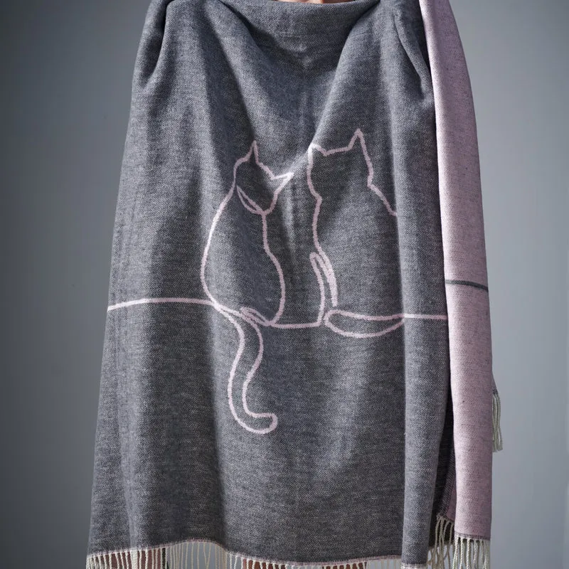 APELT Betty Plaid mit Fransen Linear geziechneten Katzen