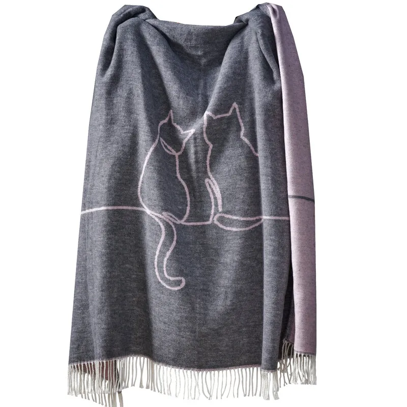 APELT Betty Plaid mit Fransen Linear geziechneten Katzen