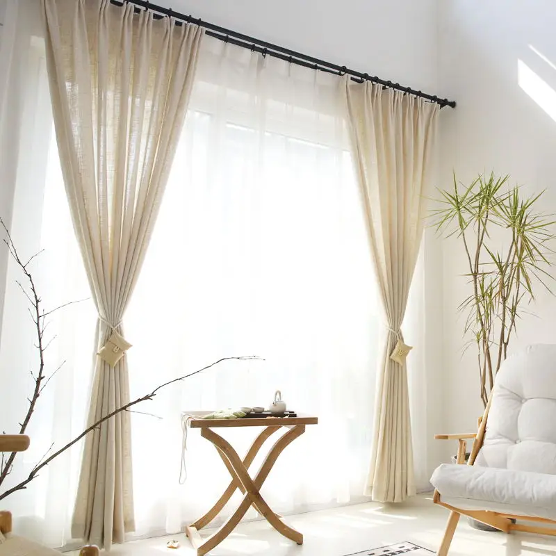 Beige Voile-Gardine in Leinenoptik