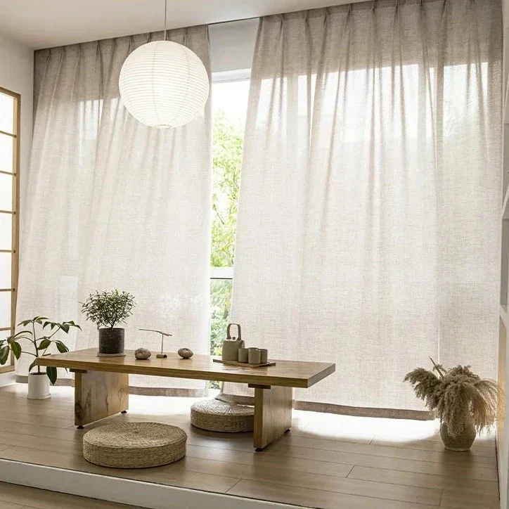 Beige Voile-Gardine mit Bordüre