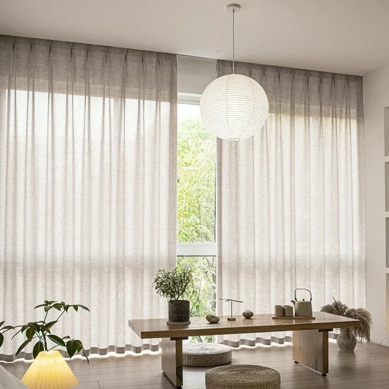 Beige Voile-Gardine mit Bordüre