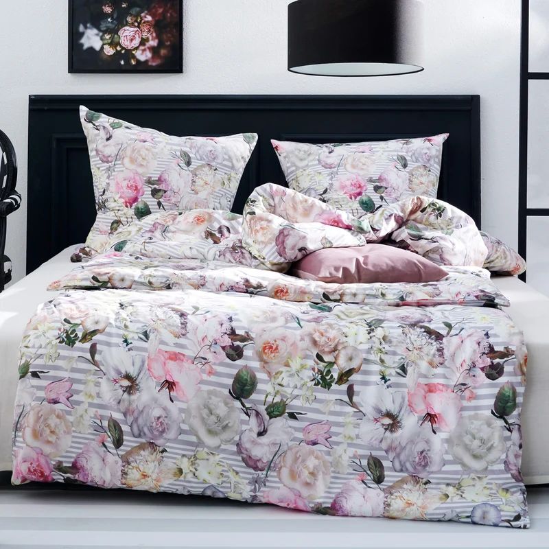 APELT Cosima Bettwäsche Baumwoll-Satin Rosen gestreift