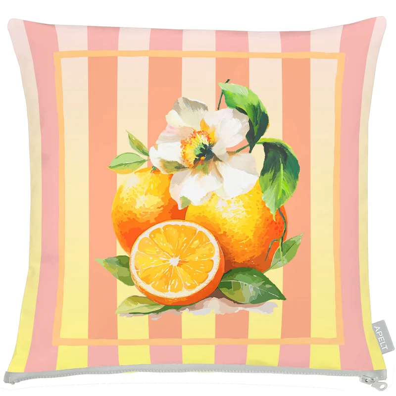 APELT 3811 Kissenbezug Orangen-Motiv auf changierenden Streifen in Outdoorqualität mit Fleckschutz