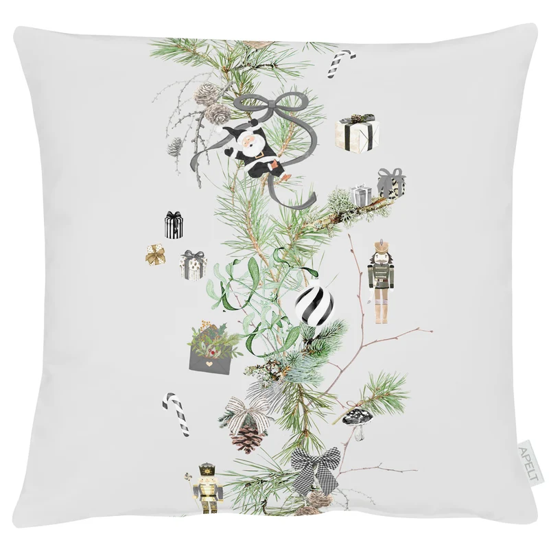 APELT 8110 Kissen Wintermotiv mit Lärchenzweigen, Nussknackern und weihnachtlichen Motiven