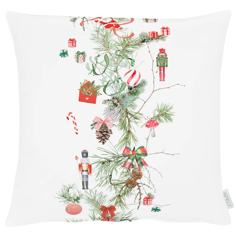 APELT 8110 Kissen Wintermotiv mit Lärchenzweigen, Nussknackern und weihnachtlichen Motiven