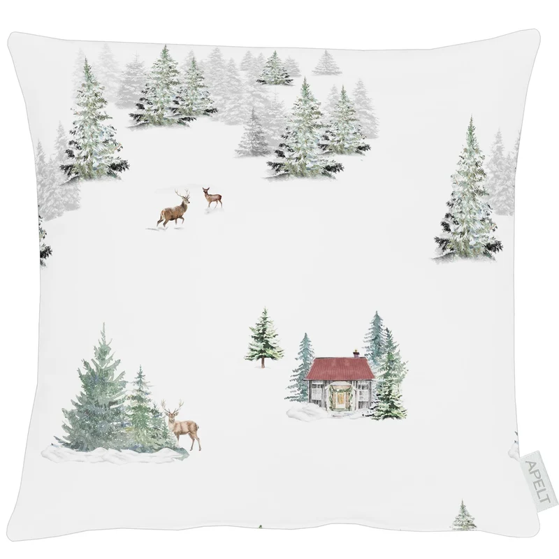 APELT 8105 Kissen Winterwelt-All-over mit verschneiten Wald- und Hüttenimpressionen