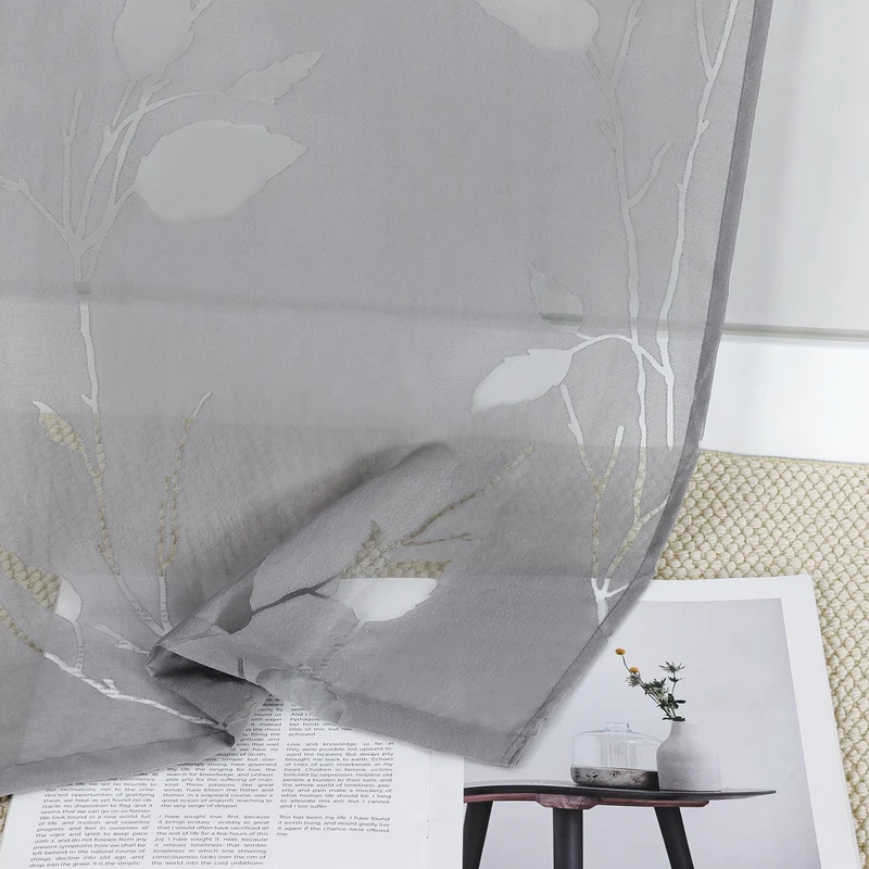 Gardinen Halbtransparent mit Ausbrenner-Blättermuster für Gardinenschiene 2er Set