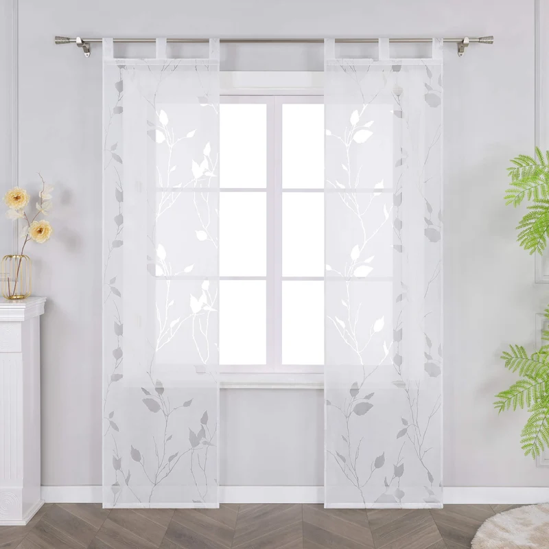 Gardinen Halbtransparent mit Ausbrenner-Blättermuster Schlaufen 2er Set