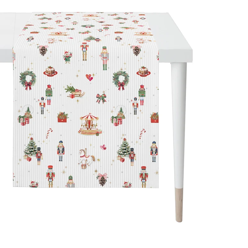 APELT 8100 Läufer Christmas-All-over mit Weihnachtsmotiven auf zarten Wäschestreifen