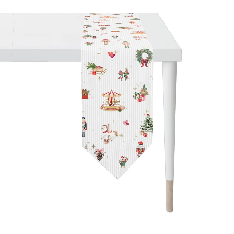 APELT 8100 Läufer Christmas-All-over mit Weihnachtsmotiven auf zarten Wäschestreifen
