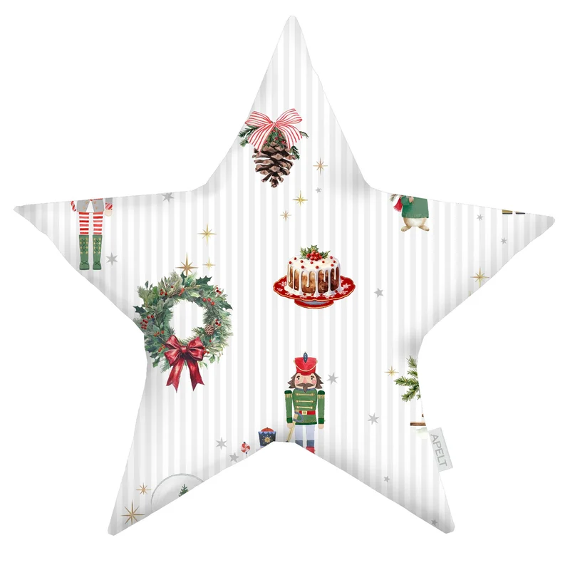 APELT 8100 Zierkissen Christmas-All-over mit Weihnachtsmotiven auf zarten Wäschestreifen