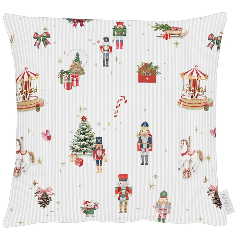 APELT 8100 Kissen Christmas-All-over mit Weihnachtsmotiven auf zarten Wäschestreifen