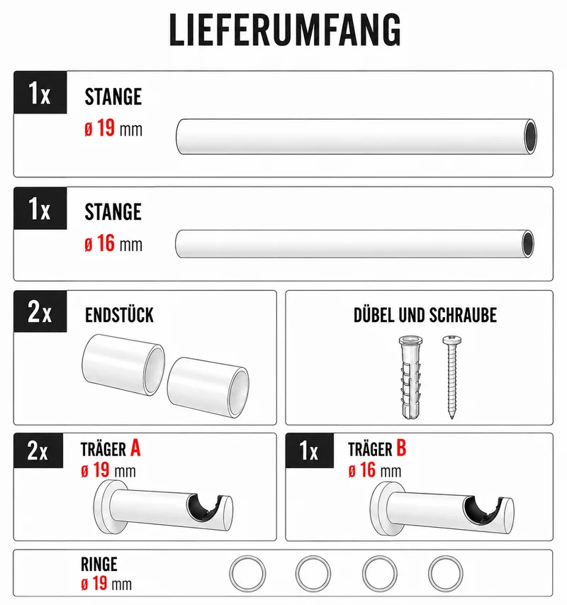 ourdeco® Fertiggarnitur Kugel Set | ausziehbar | Ø 16/19 mm | verschiedene Größen und Farben