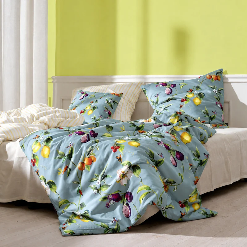 APELT Limone Bettwäsche Baumwoll-Satin Gemalte Sommerfrüchte und südliche Blütenzweige