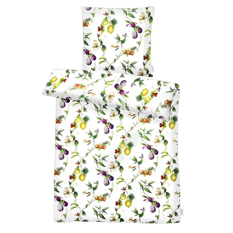 APELT Limone Bettwäsche Baumwoll-Satin Gemalte Sommerfrüchte und südliche Blütenzweige
