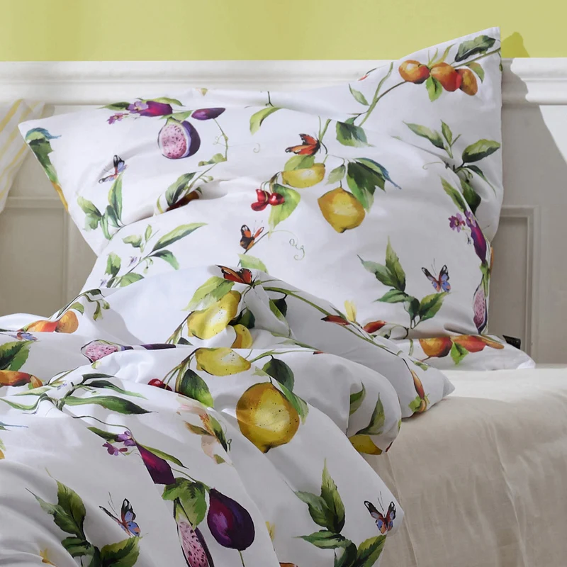 APELT Limone Bettwäsche Baumwoll-Satin Gemalte Sommerfrüchte und südliche Blütenzweige