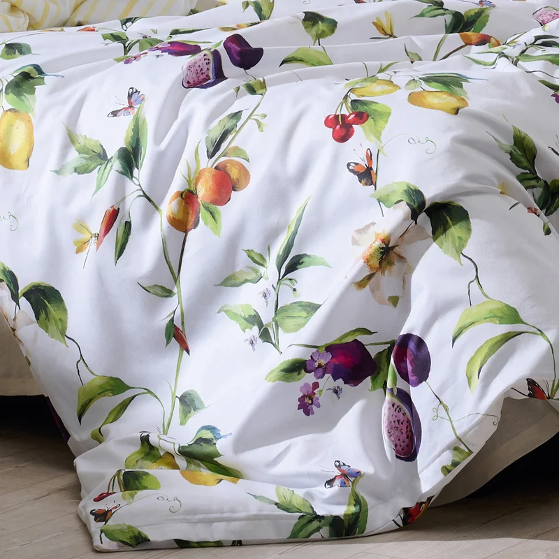APELT Limone Bettwäsche Baumwoll-Satin Gemalte Sommerfrüchte und südliche Blütenzweige