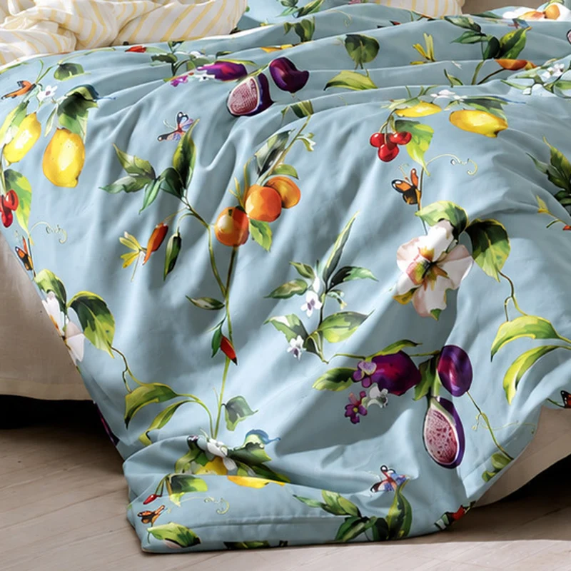 APELT Limone Bettwäsche Baumwoll-Satin Gemalte Sommerfrüchte und südliche Blütenzweige