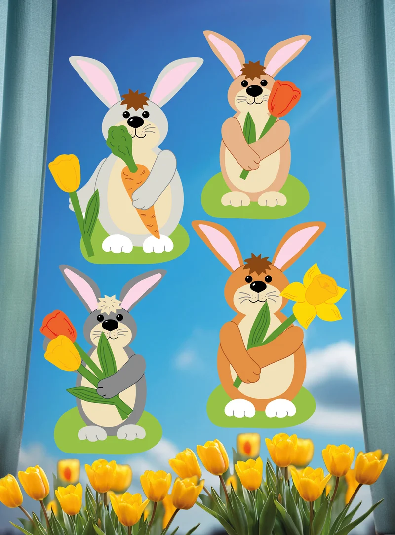 Fischer Fensterbilder Hasen mit Blumen