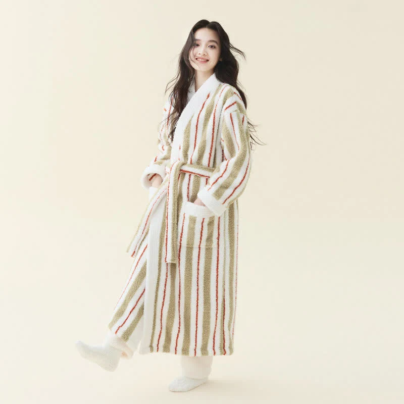 Langer, gestreifter Kimono-Bademantel aus Fleece