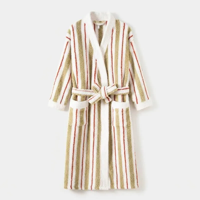 Langer, gestreifter Kimono-Bademantel aus Fleece